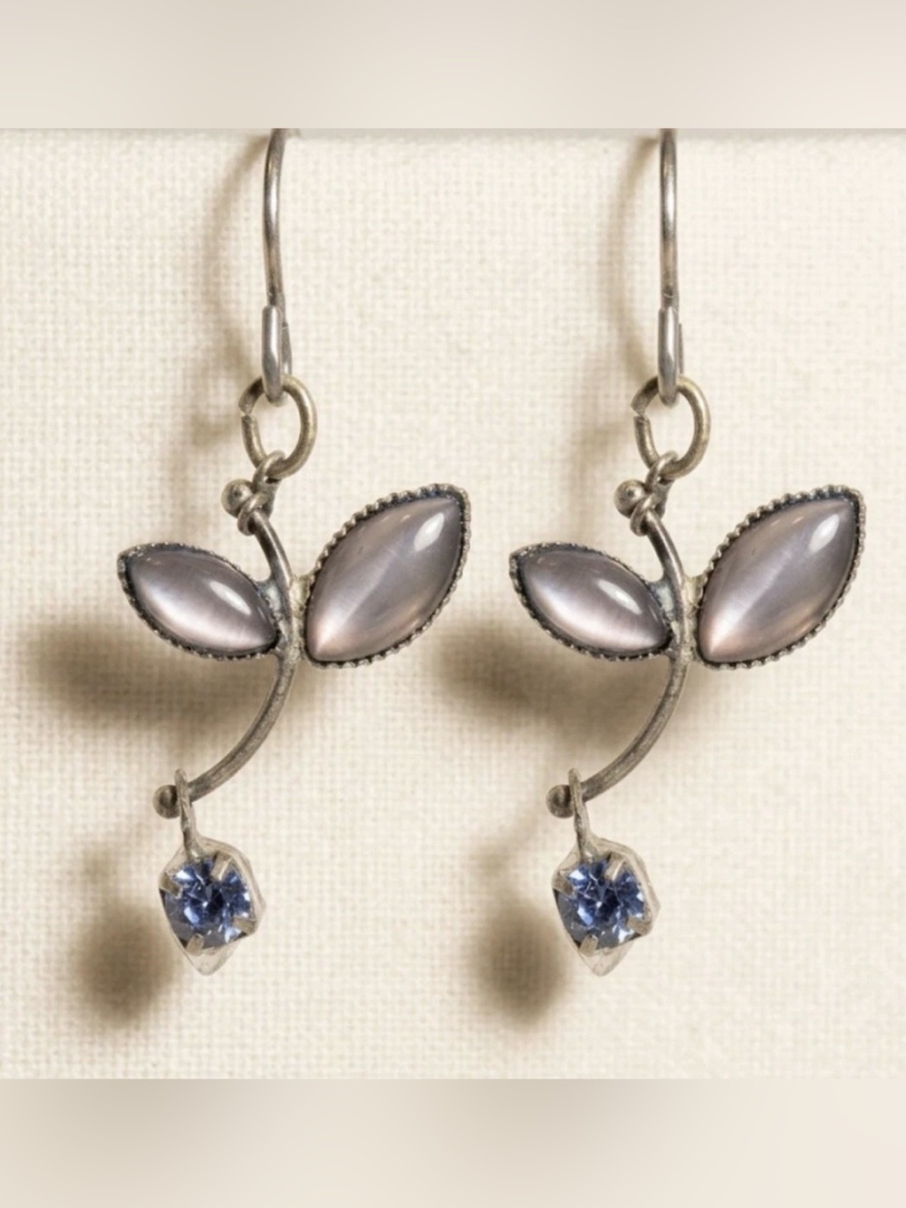 Leaf Drop Earrings with Lavender Cabochons and Blue Crystals